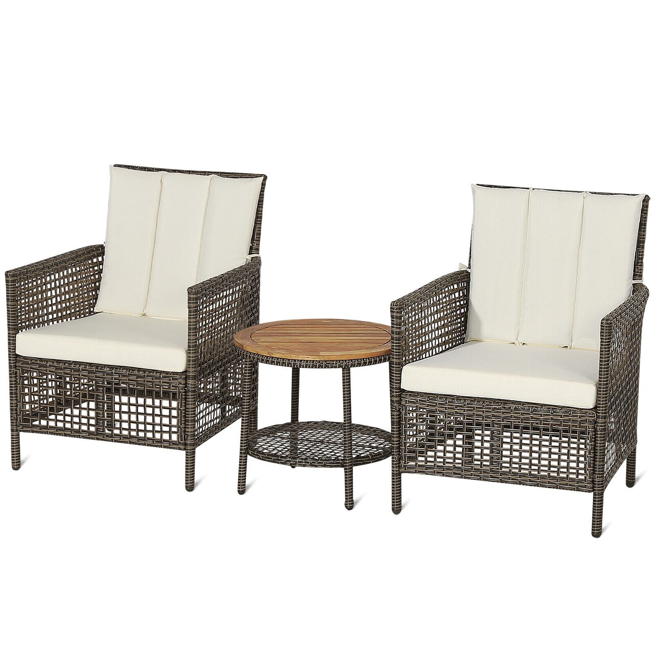 3 Pieces Mix Black and Brown Rattan Patio Set with Off-White Cushions and Table